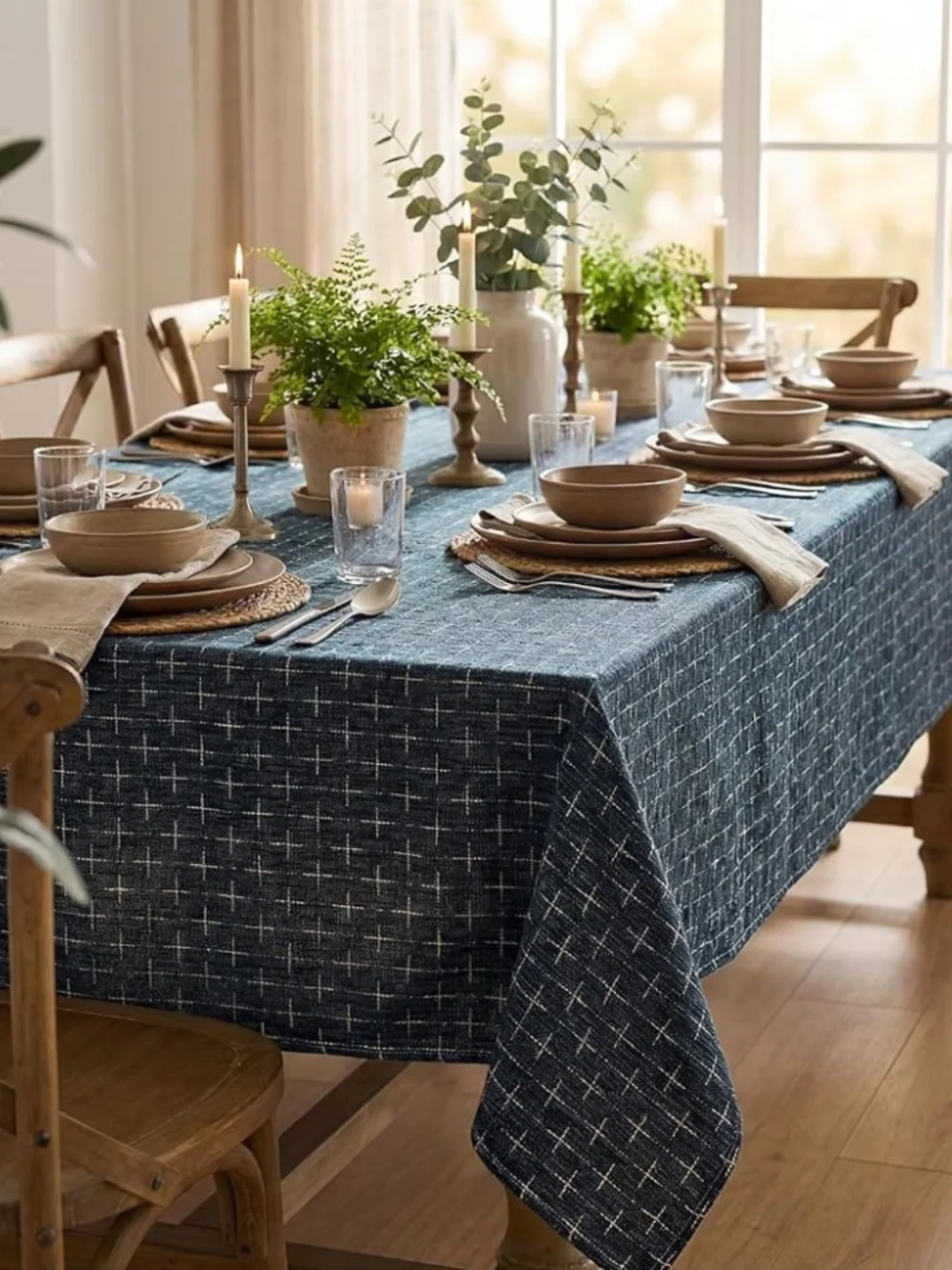 Blue Crosshatch Dining Tablecloth - Classic Textured Design 60x104